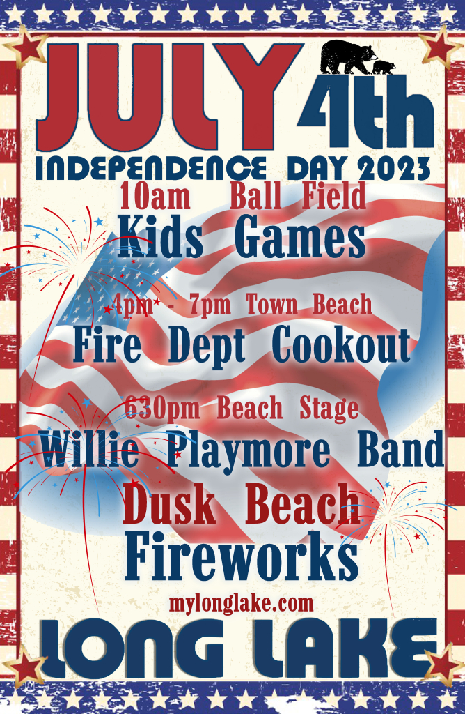 4th of July cook out band and games info poster in Long Lake NY for 2023